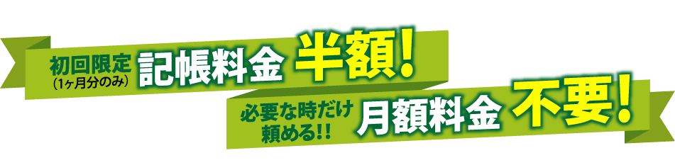 初回限定（1ヶ月分のみ）記帳料金 半額！必要な時だけ頼める！！月額料金 不要！