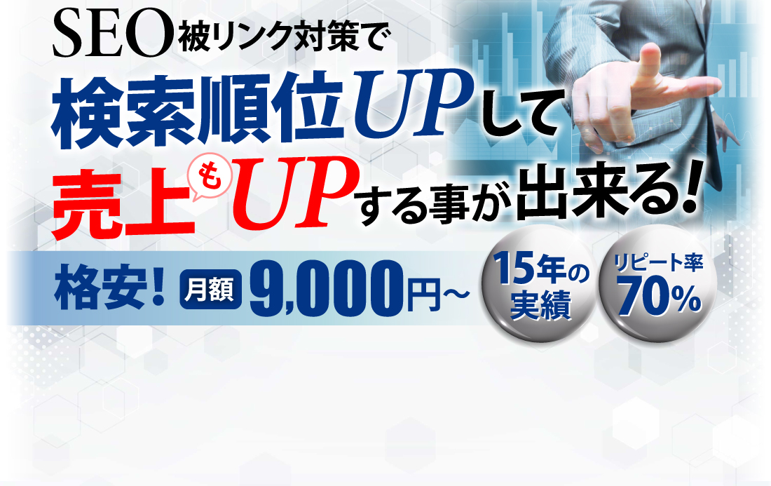 SEO被リンク対策で検索順位UPして売上もUPする事が出来る！格安月額9,000円～。15年の実績。リピート率70％